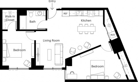 Floor plan for 2 beds, 2 baths, 896 sqft